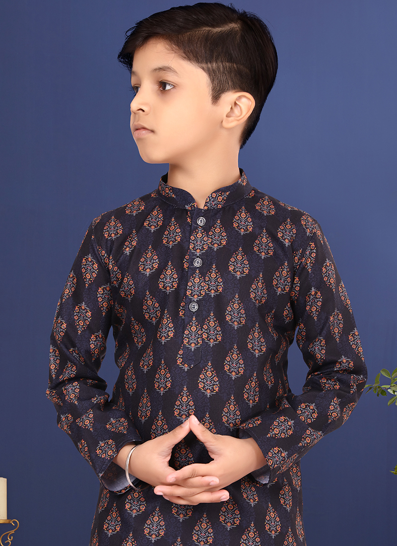 Navy Blue Kurta Pajama Printed Cotton Silk main image 1